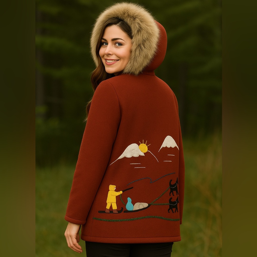 Vintage 1970s James Bay Embroidered Dog Sled Snowshoe genuine fur trim parka